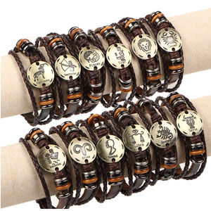 12 Constellation Zodiac Charm Leather Bracelet Hand Made Men Women Unisex Bangle